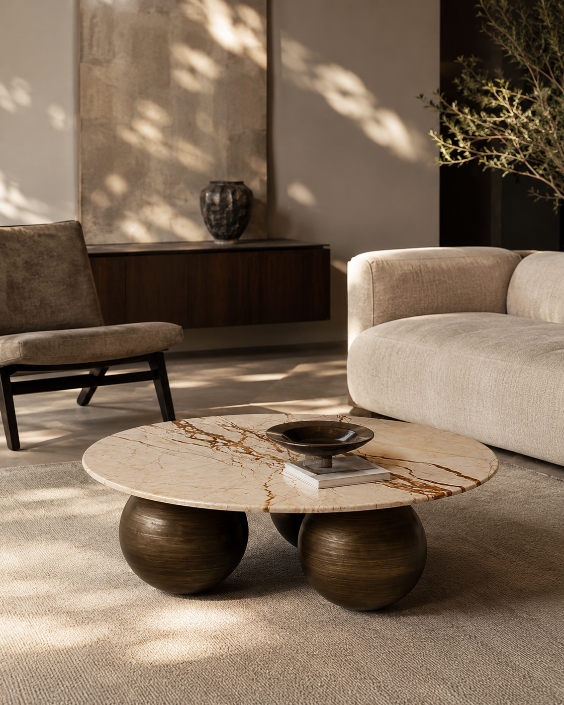 Table basse en marbre doré avec base sphérique en bronze