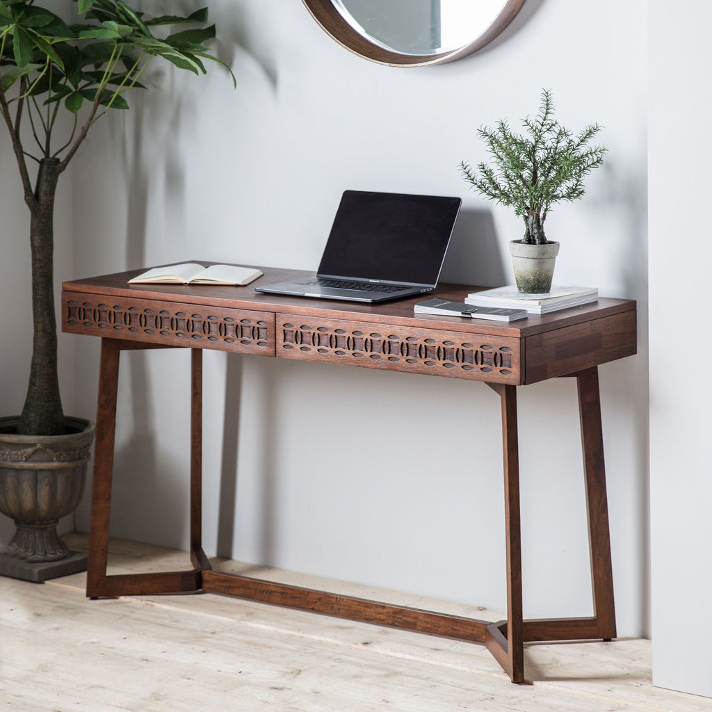 Bureau en bois de manguier avec tiroirs à ajours sculptés