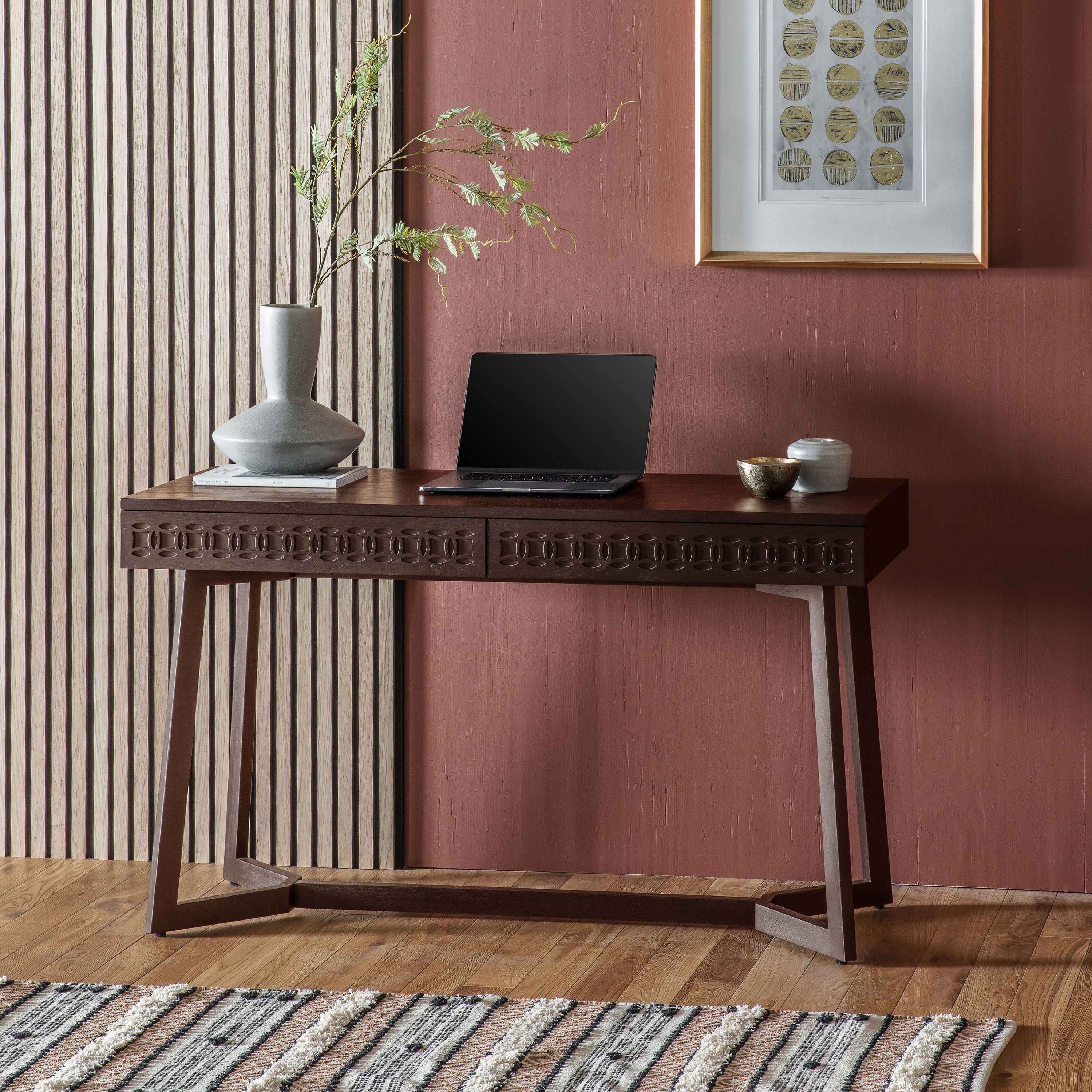 Bureau en bois de manguier avec tiroirs à ajours sculptés