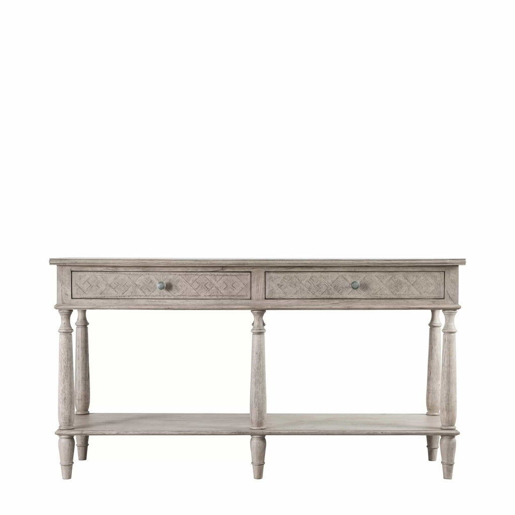 Console de chevet avec 2 tiroirs à incrustation en parquet et pieds tournés