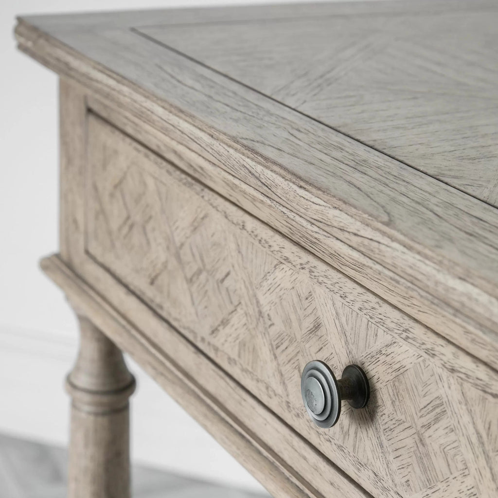 Console de chevet avec 2 tiroirs à incrustation en parquet et pieds tournés