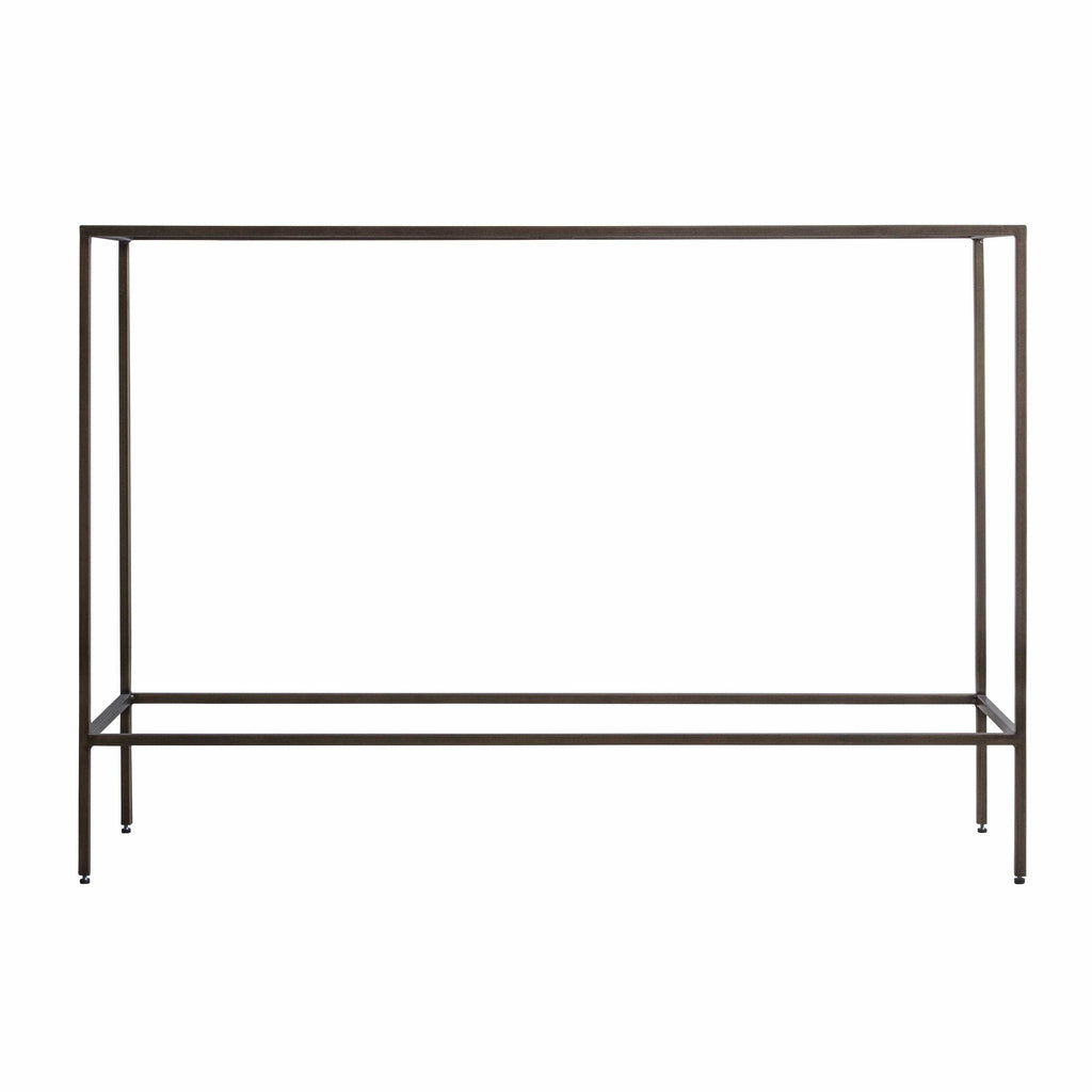 Console en métal bronze antique avec plateau en verre biseauté