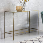 Console en métal bronze antique avec plateau en verre biseauté