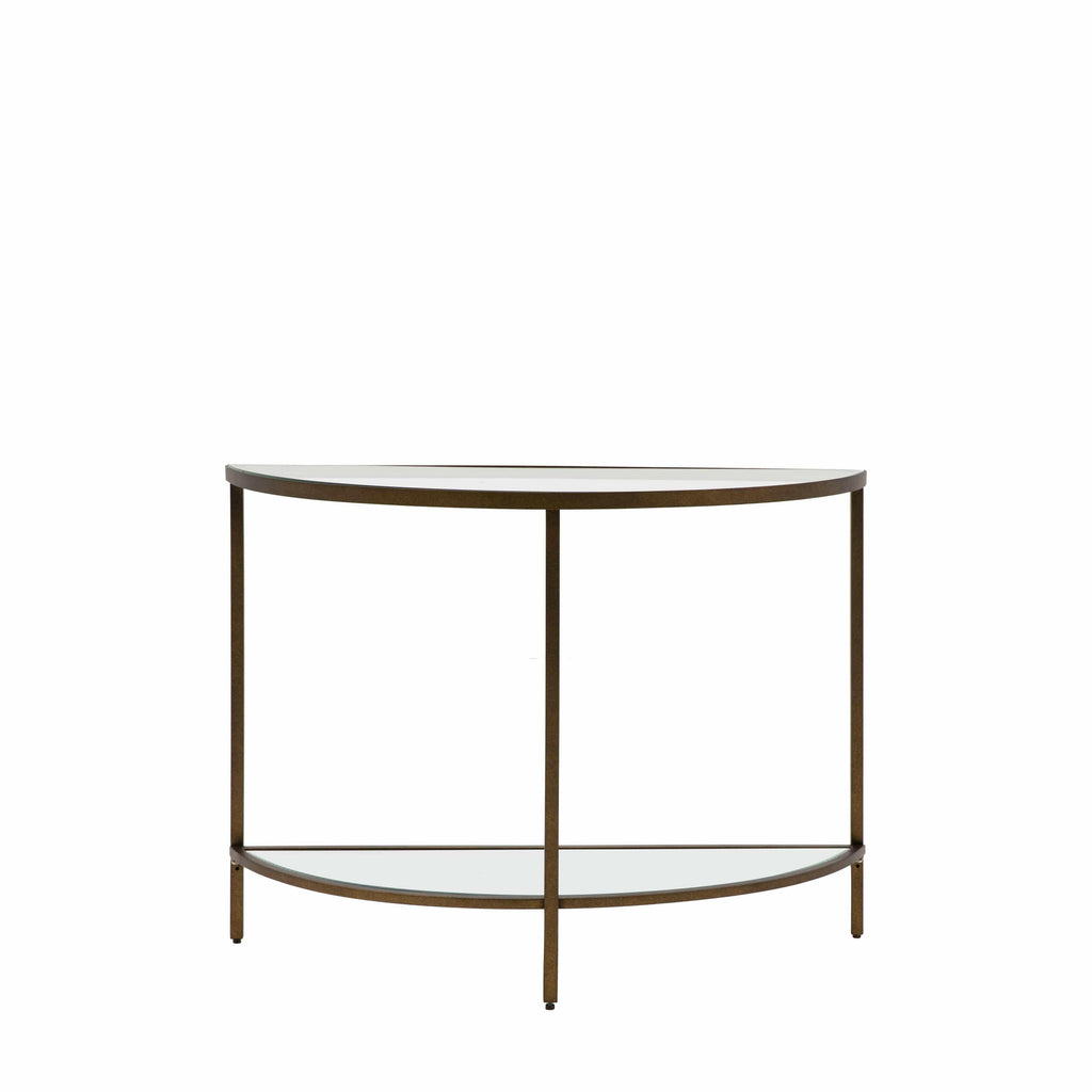 Console demi-lune en bronze avec étagères en verre