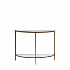 Console demi-lune en bronze avec étagères en verre
