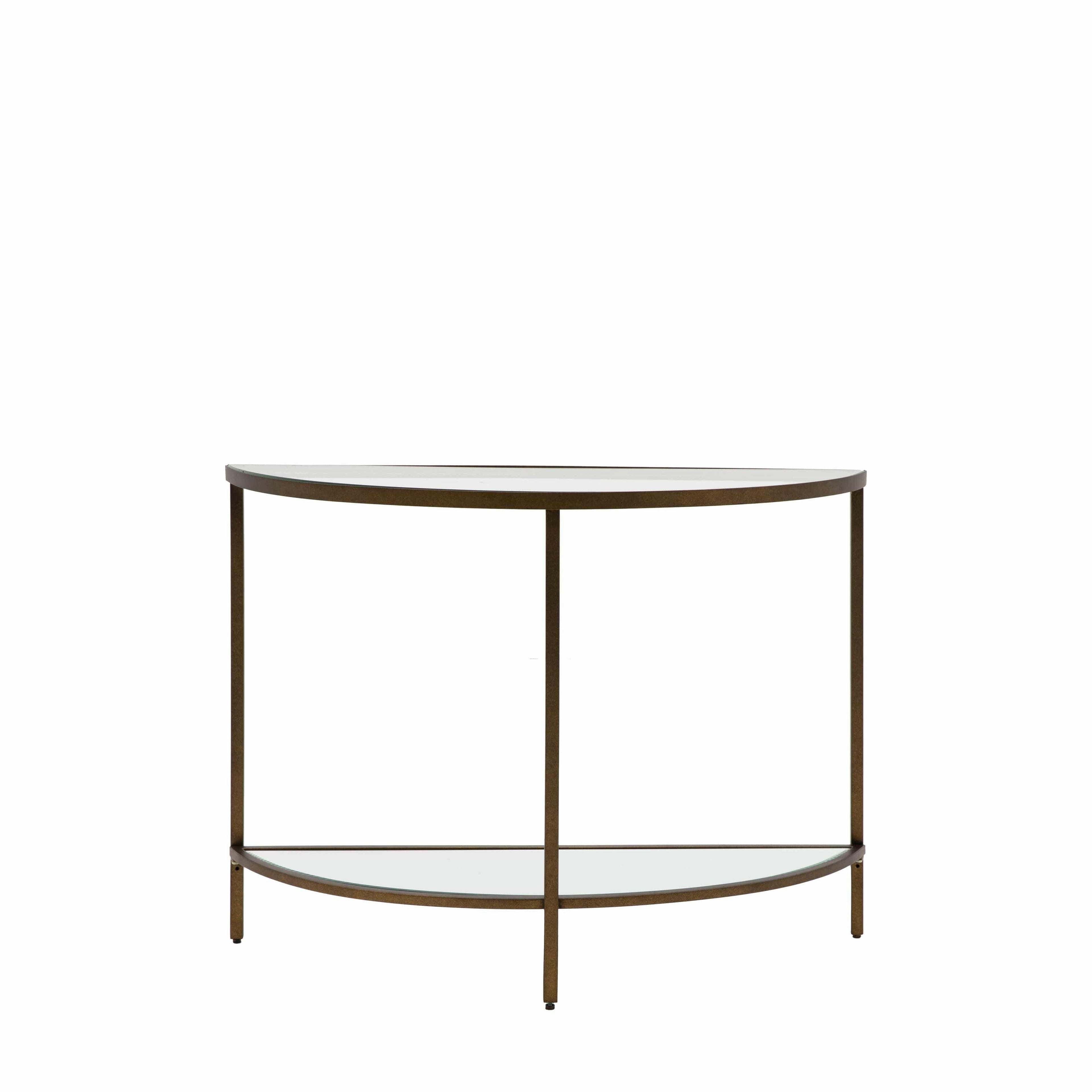 Console demi-lune en bronze avec étagères en verre