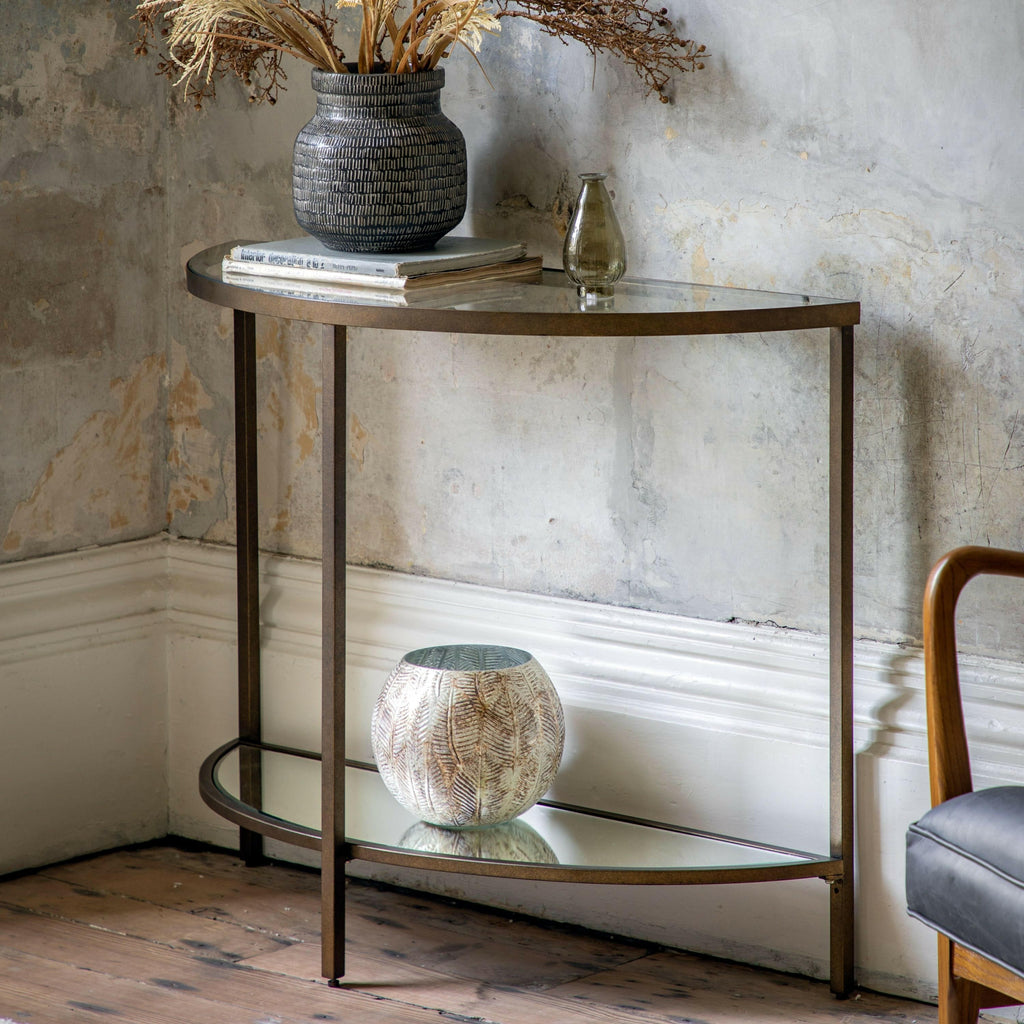 Console demi-lune en bronze avec étagères en verre
