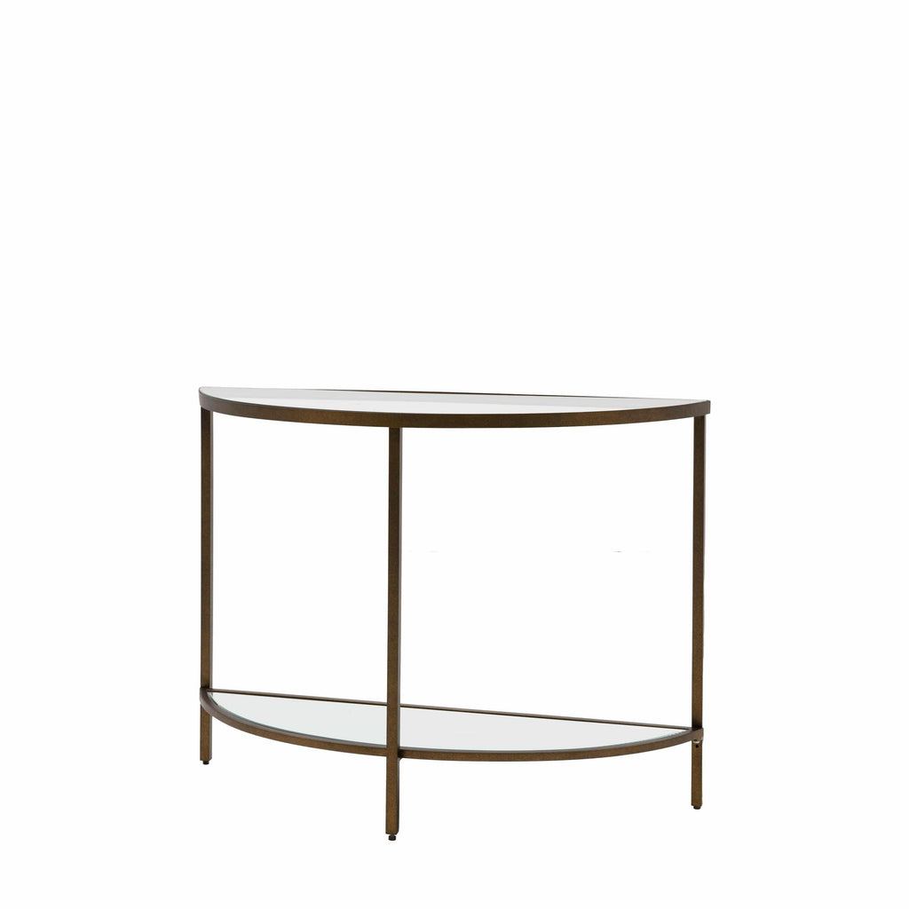 Console demi-lune en bronze avec étagères en verre