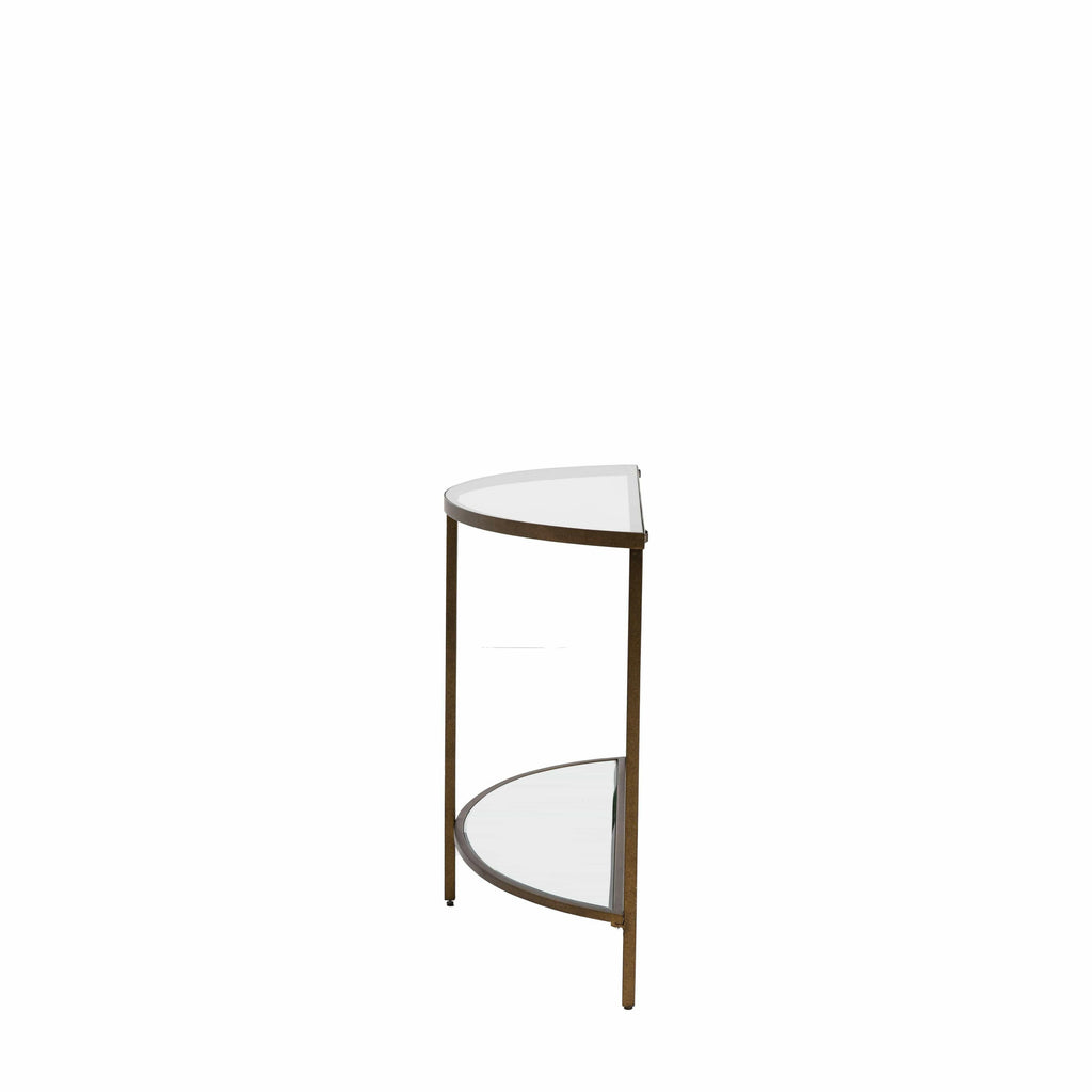 Console demi-lune en bronze avec étagères en verre