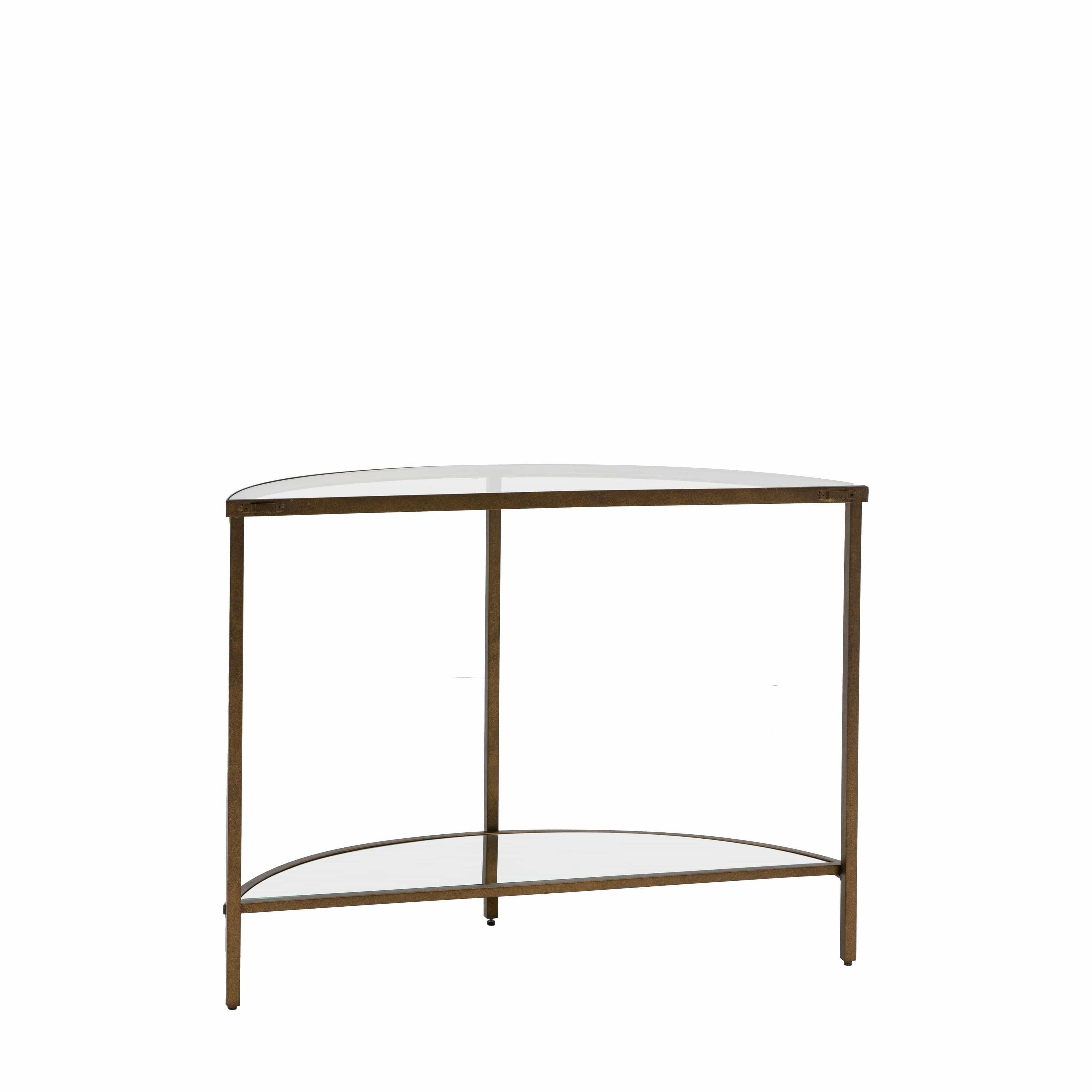 Console demi-lune en bronze avec étagères en verre