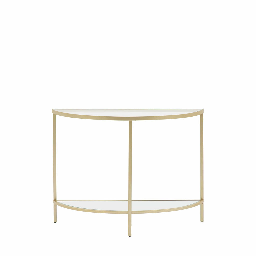 Console demi-lune en bronze avec étagères en verre