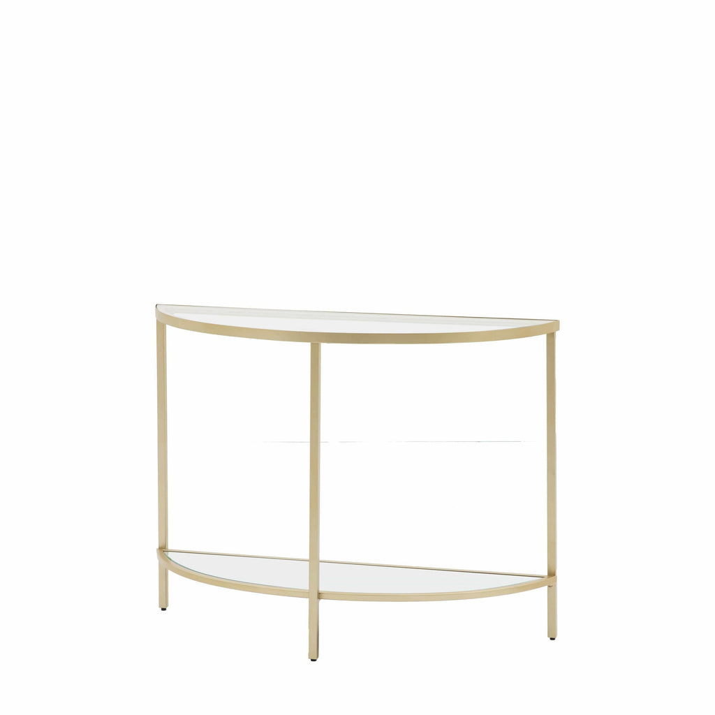 Console demi-lune en bronze avec étagères en verre