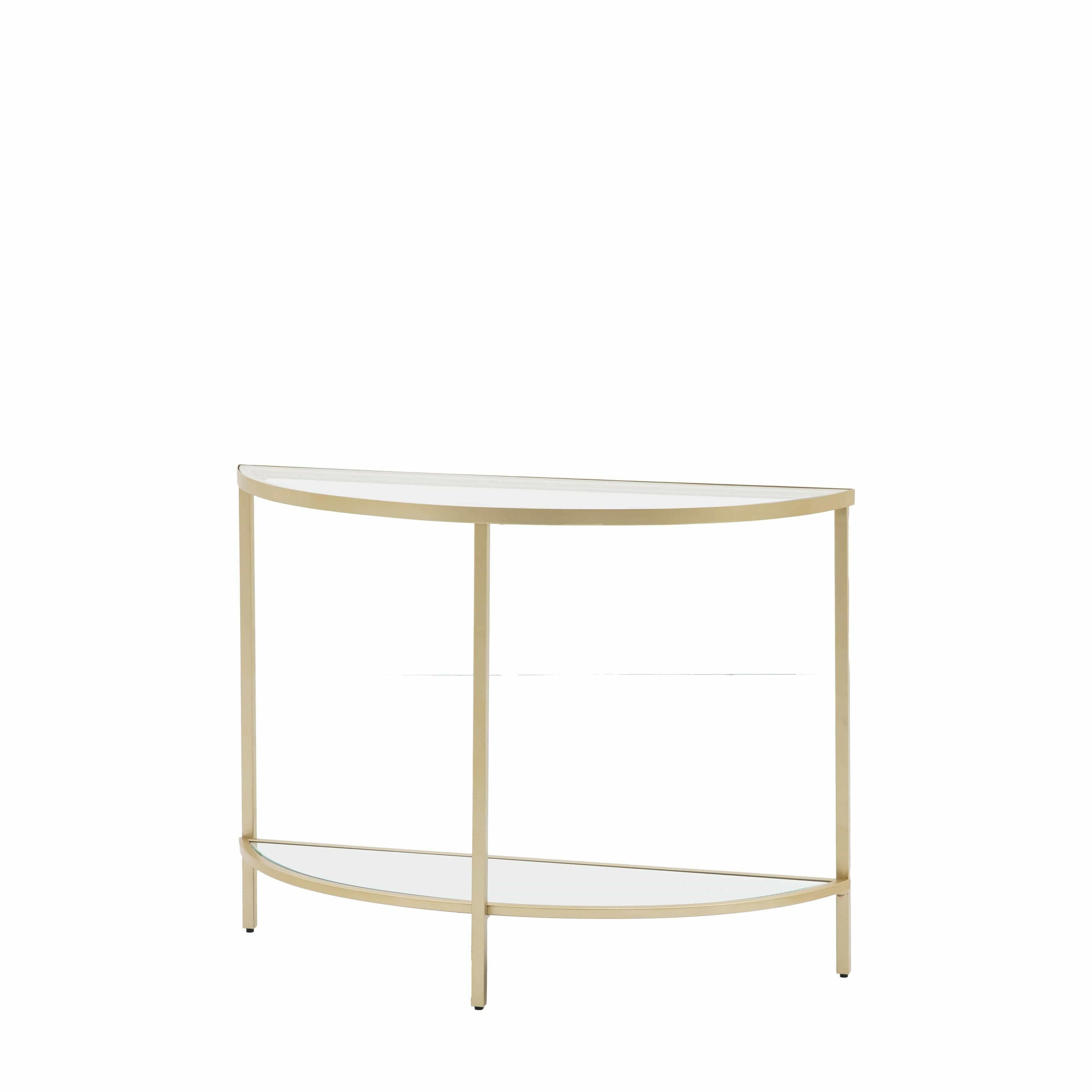 Console demi-lune en bronze avec étagères en verre
