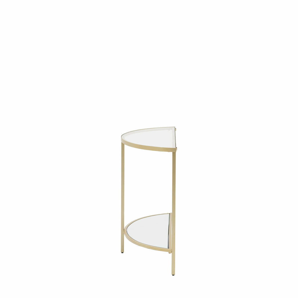 Console demi-lune en bronze avec étagères en verre