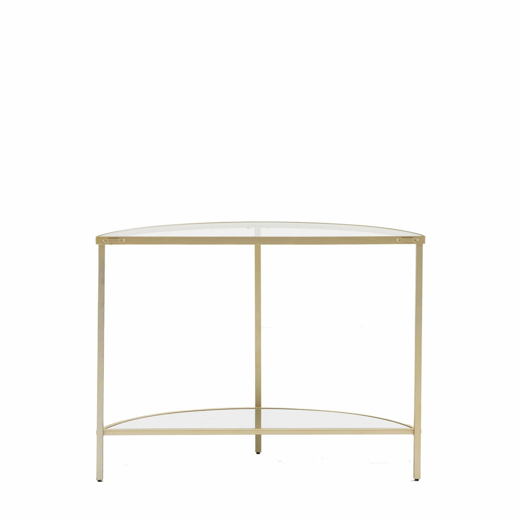 Console demi-lune en bronze avec étagères en verre
