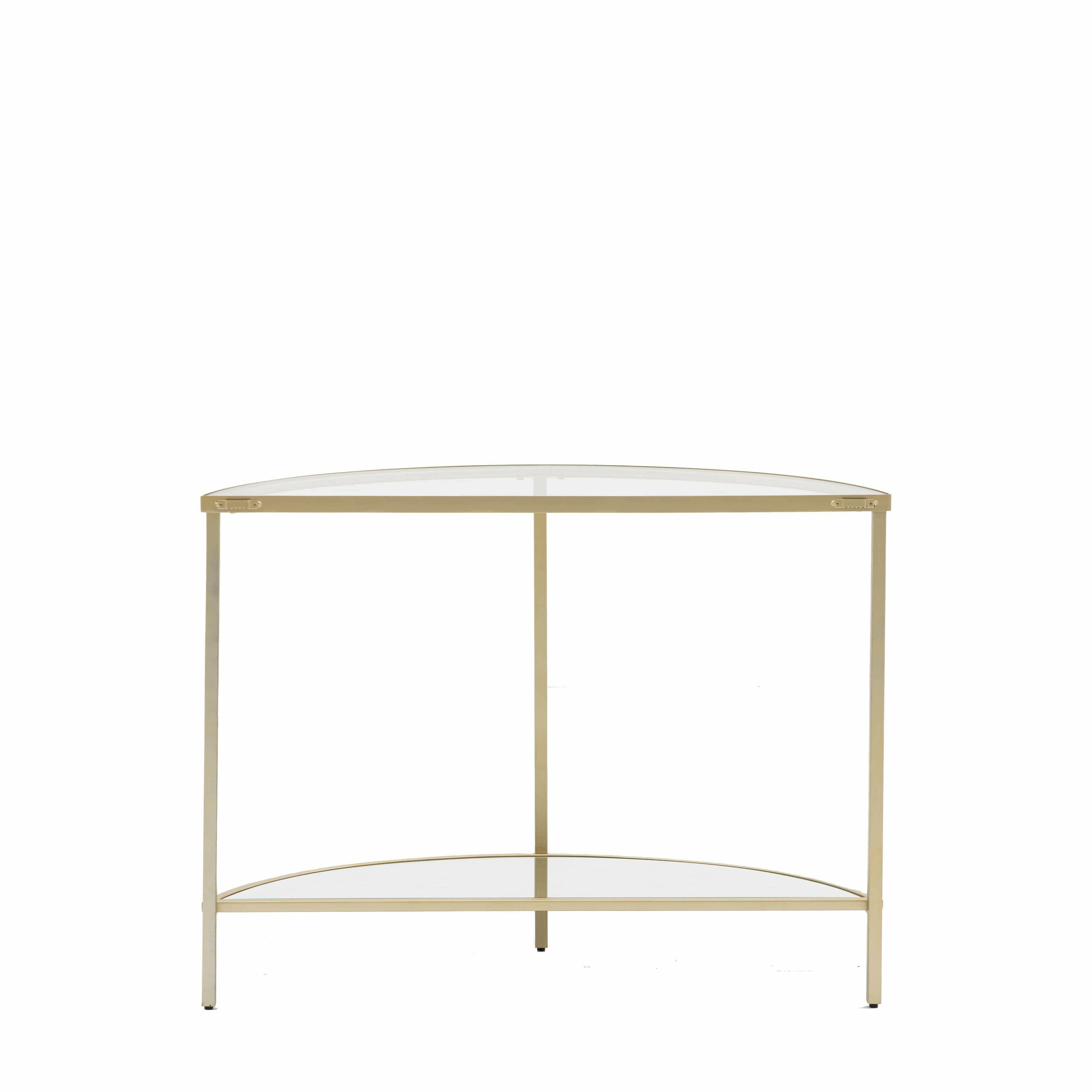 Console demi-lune en bronze avec étagères en verre