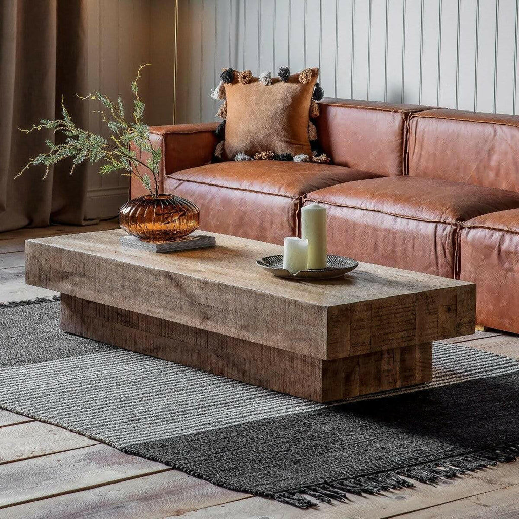Table basse rustique en bois de manguier avec finition vieillie