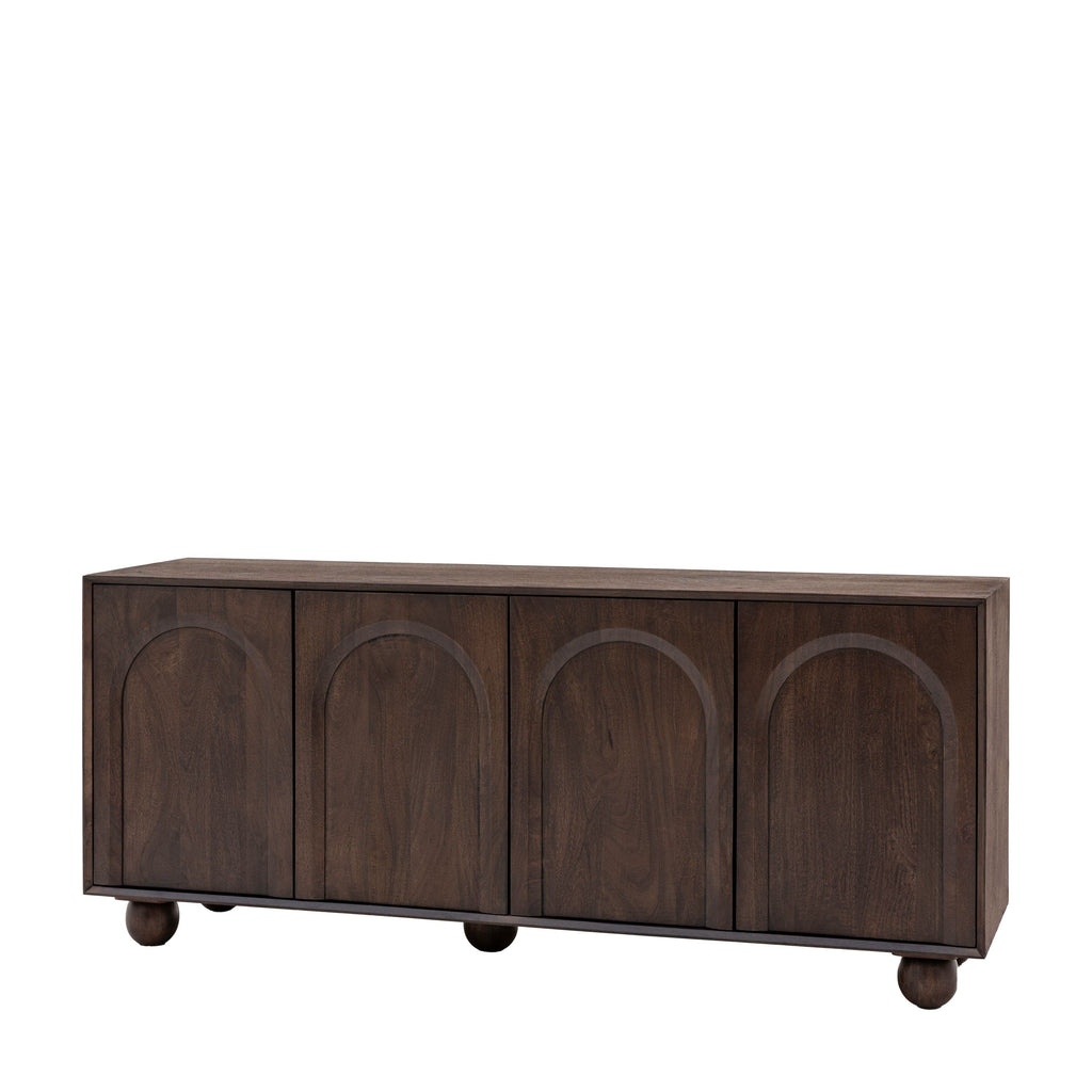 Buffet 4 portes en bois de manguier foncé avec motif en relief d'arches