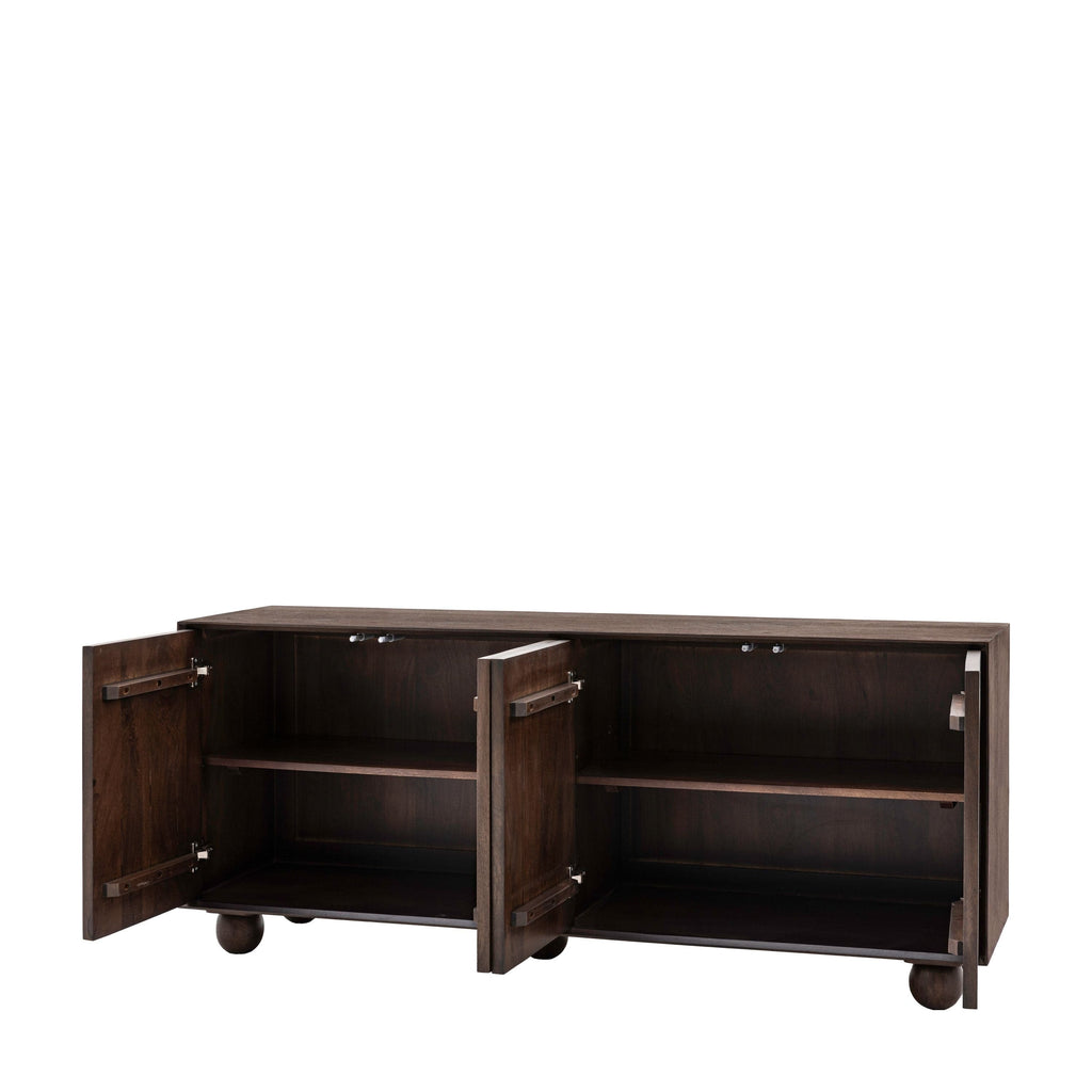 Buffet 4 portes en bois de manguier foncé avec motif en relief d'arches