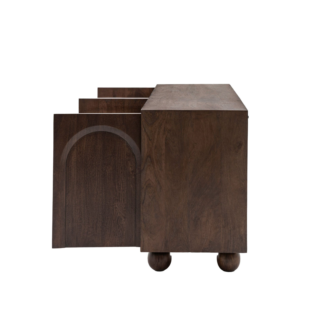 Buffet 4 portes en bois de manguier foncé avec motif en relief d'arches