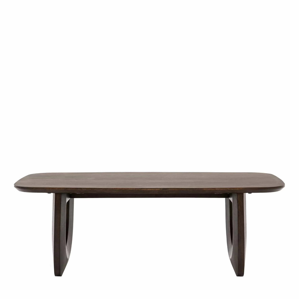 Table basse en manguier foncé d'inspiration années 70 avec pieds en forme de U