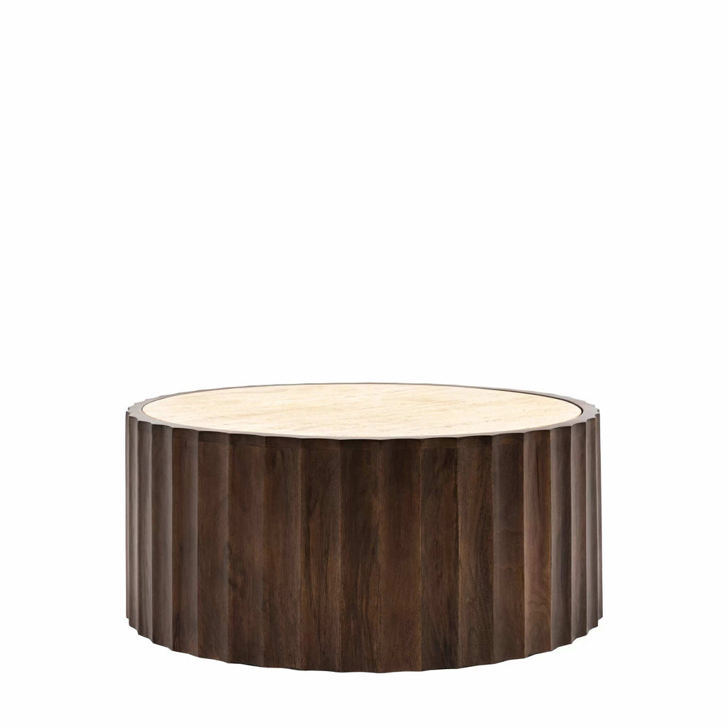 Table basse ronde en travertin avec base cylindrique en bois de manguier