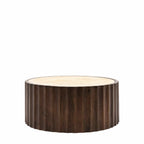Table basse ronde en travertin avec base cylindrique en bois de manguier