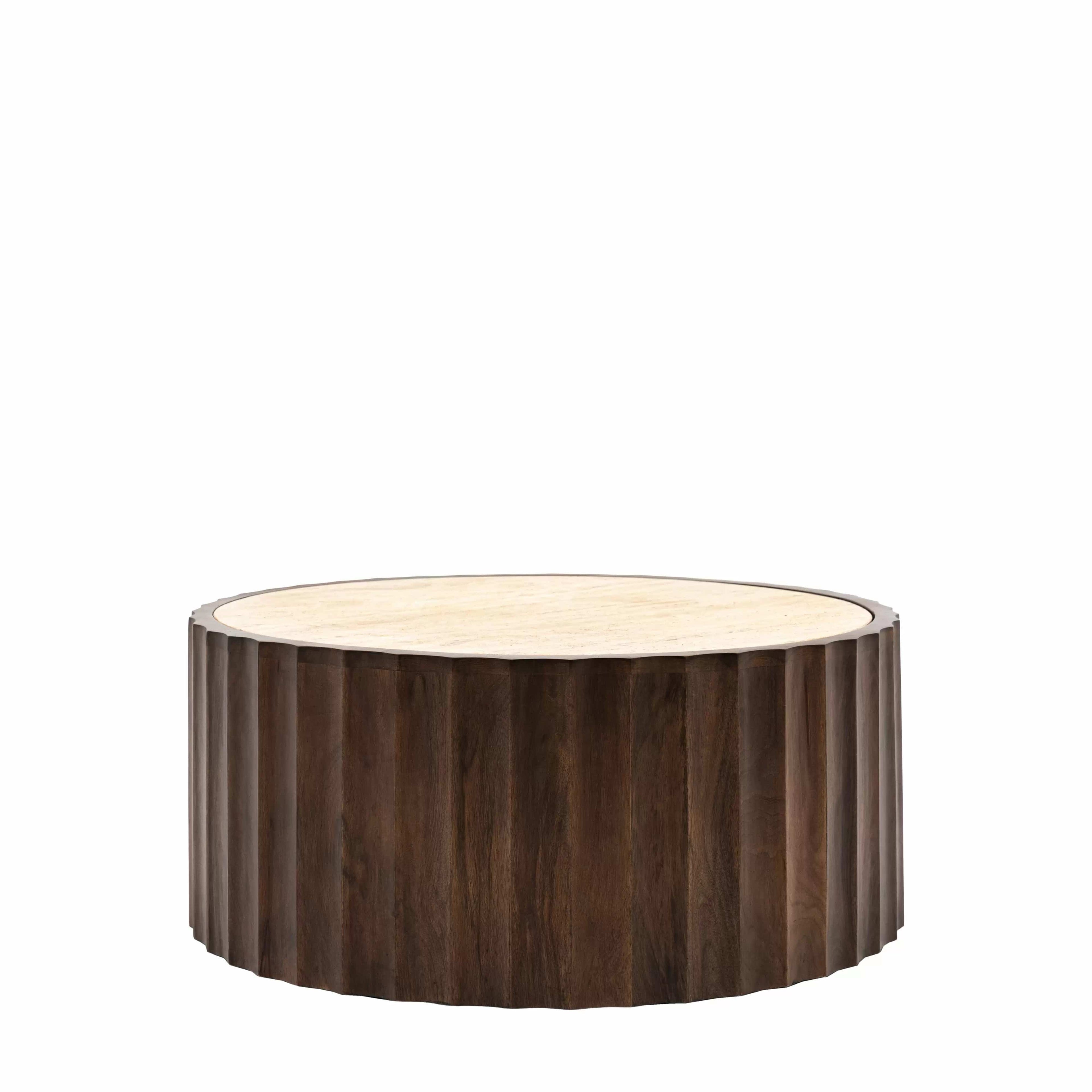 Table basse ronde en travertin avec base cylindrique en bois de manguier