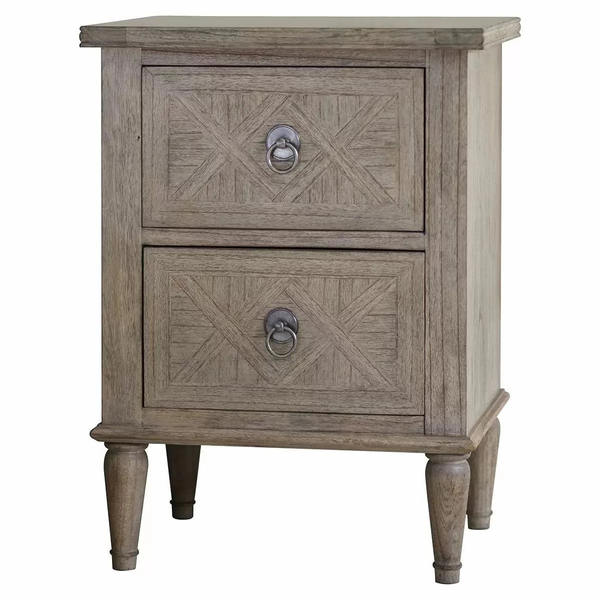 Table de chevet à 2 tiroirs avec incrustation en parquet et pieds tournés