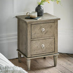 Table de chevet à 2 tiroirs avec incrustation en parquet et pieds tournés