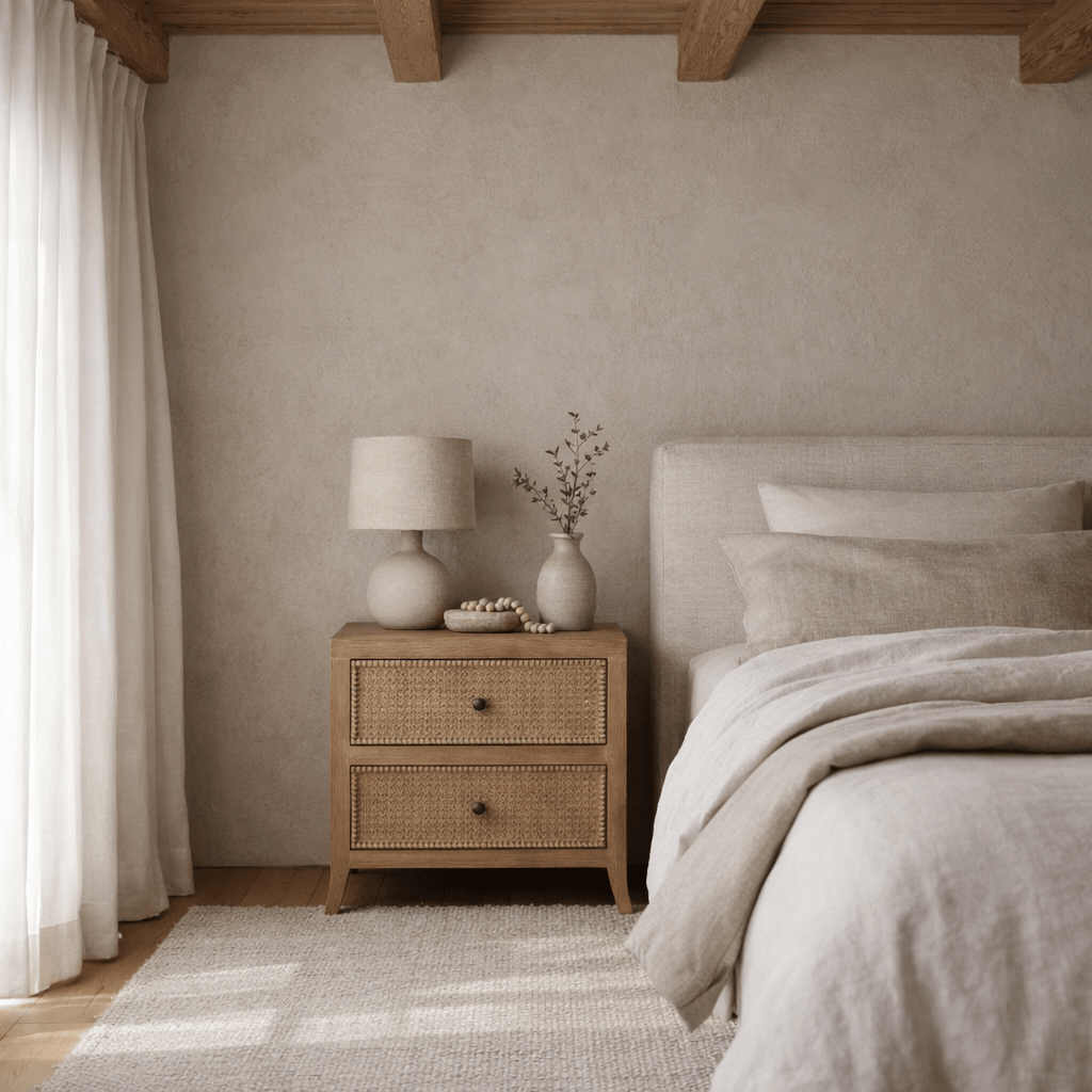 Table de chevet en chêne gris vieilli avec façade en rotin et 2 tiroirs