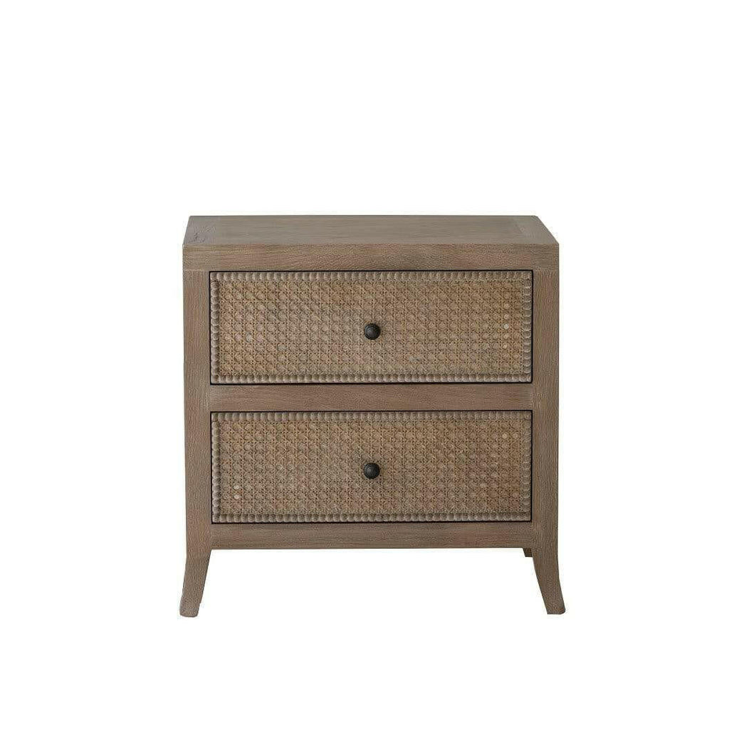Table de chevet en chêne gris vieilli avec façade en rotin et 2 tiroirs