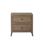Table de chevet en chêne gris vieilli avec façade en rotin et 2 tiroirs