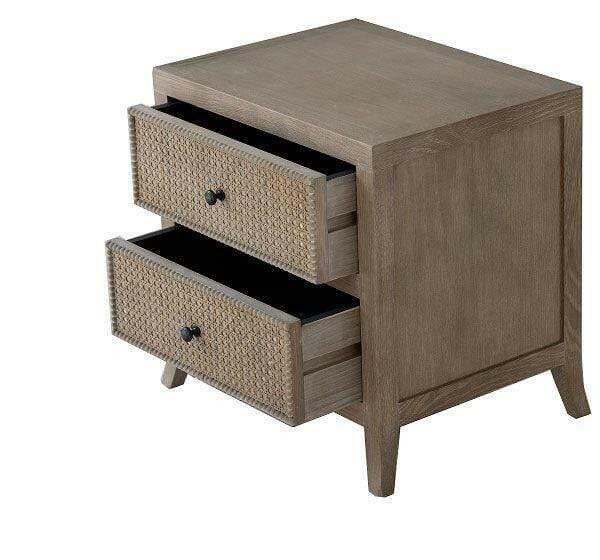 Table de chevet en chêne gris vieilli avec façade en rotin et 2 tiroirs