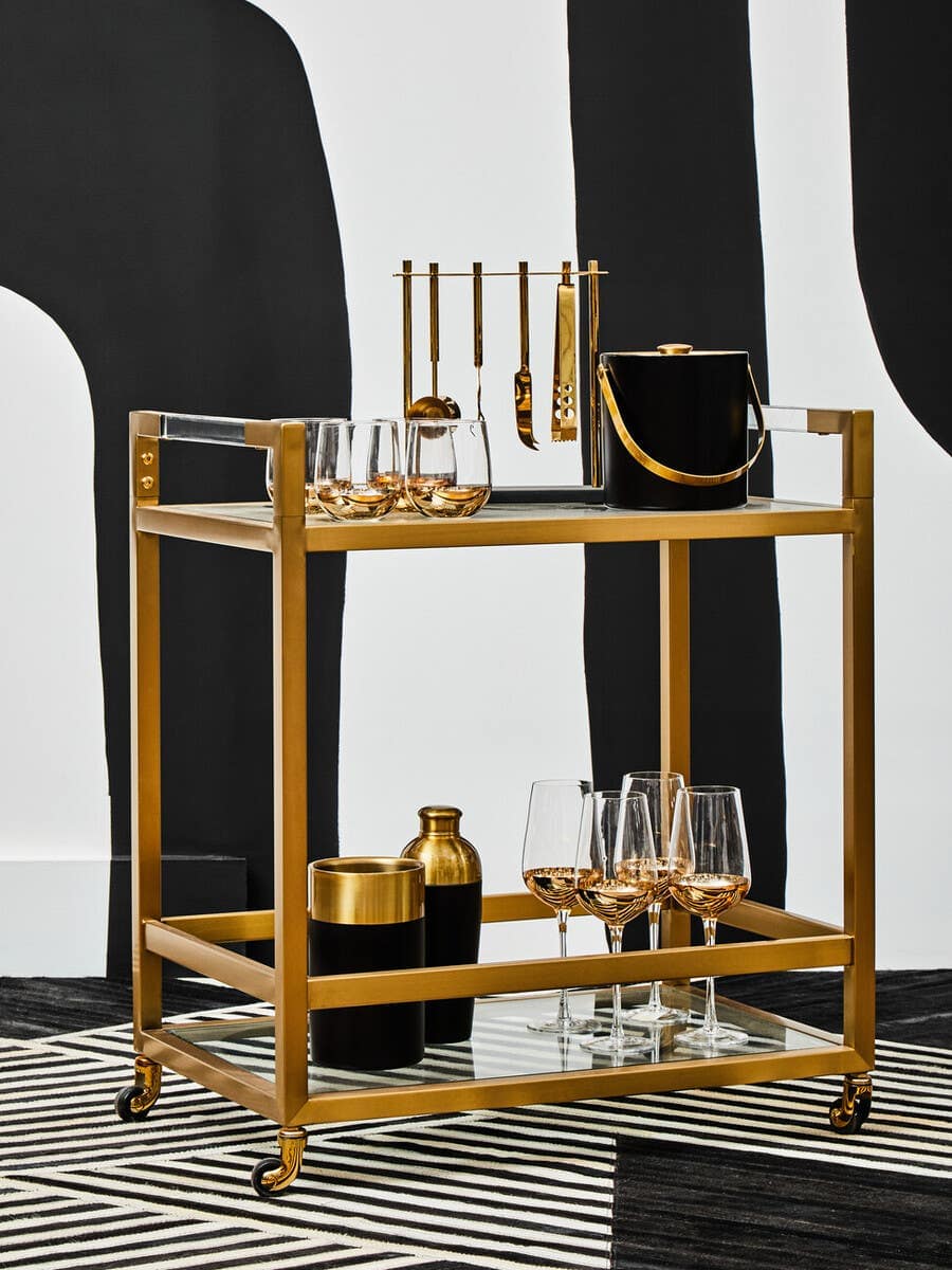 Desserte de majordome Art Déco à deux niveaux en or mat avec étagère en verre