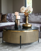 Table basse ronde en marbre et laiton avec piètement en fer