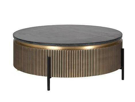 Table basse ronde en marbre et laiton avec piètement en fer