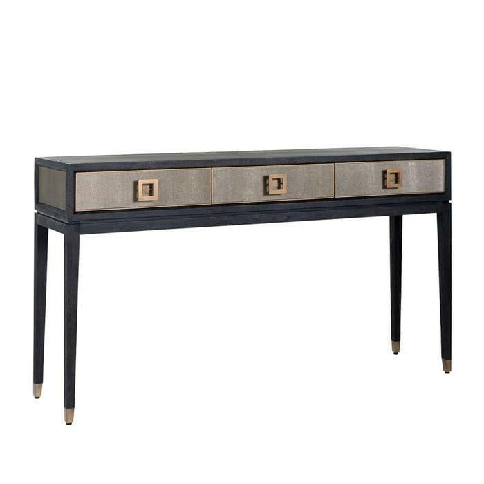 Console 3 tiroirs en placage de chêne et cuir PU avec quincaillerie dorée
