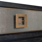 Console 3 tiroirs en placage de chêne et cuir PU avec quincaillerie dorée