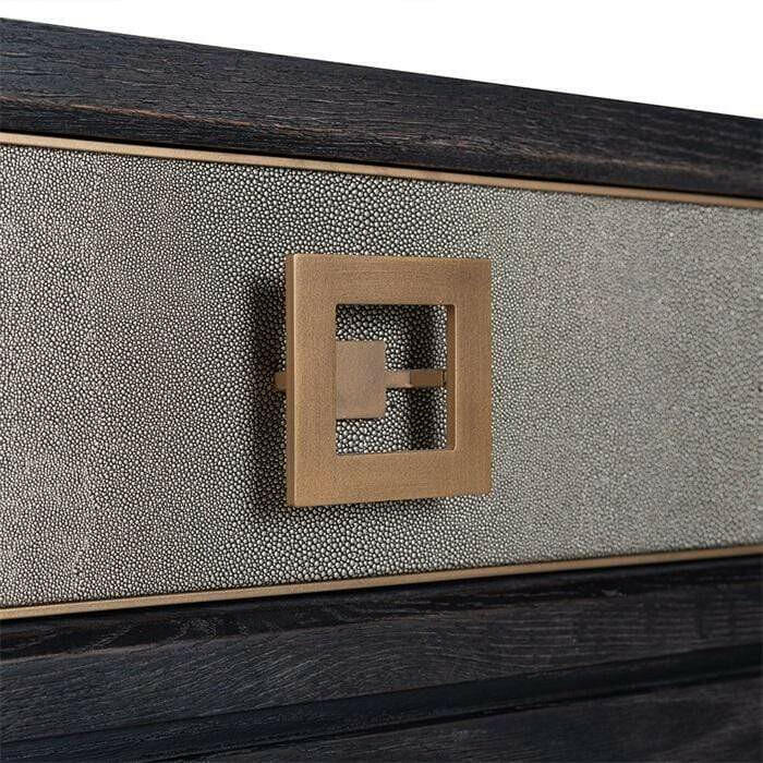 Console 3 tiroirs en placage de chêne et cuir PU avec quincaillerie dorée