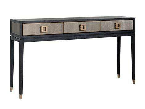 Console 3 tiroirs en placage de chêne et cuir PU avec quincaillerie dorée