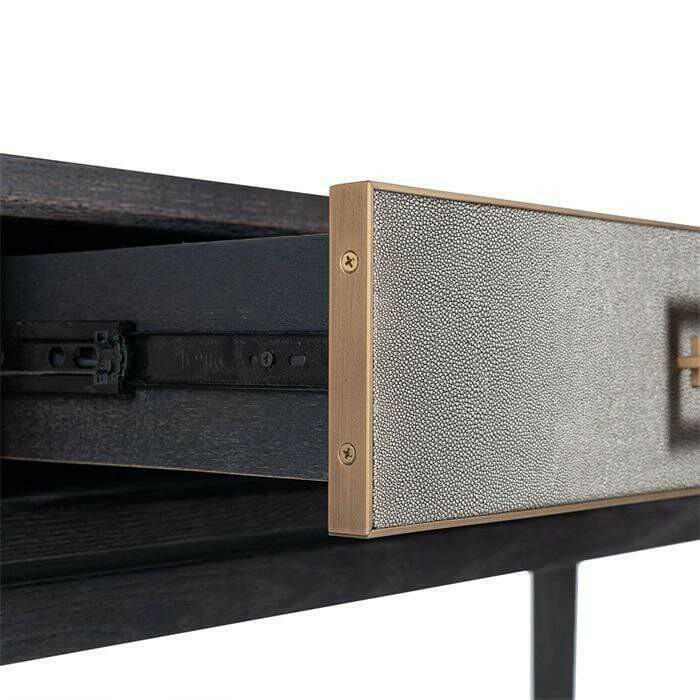 Console 3 tiroirs en placage de chêne et cuir PU avec quincaillerie dorée