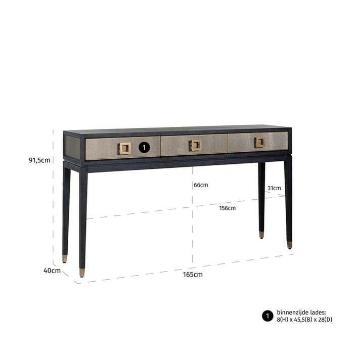 Console 3 tiroirs en placage de chêne et cuir PU avec quincaillerie dorée