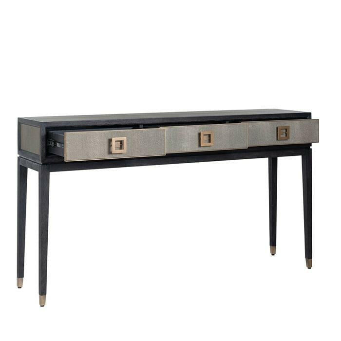 Console 3 tiroirs en placage de chêne et cuir PU avec quincaillerie dorée