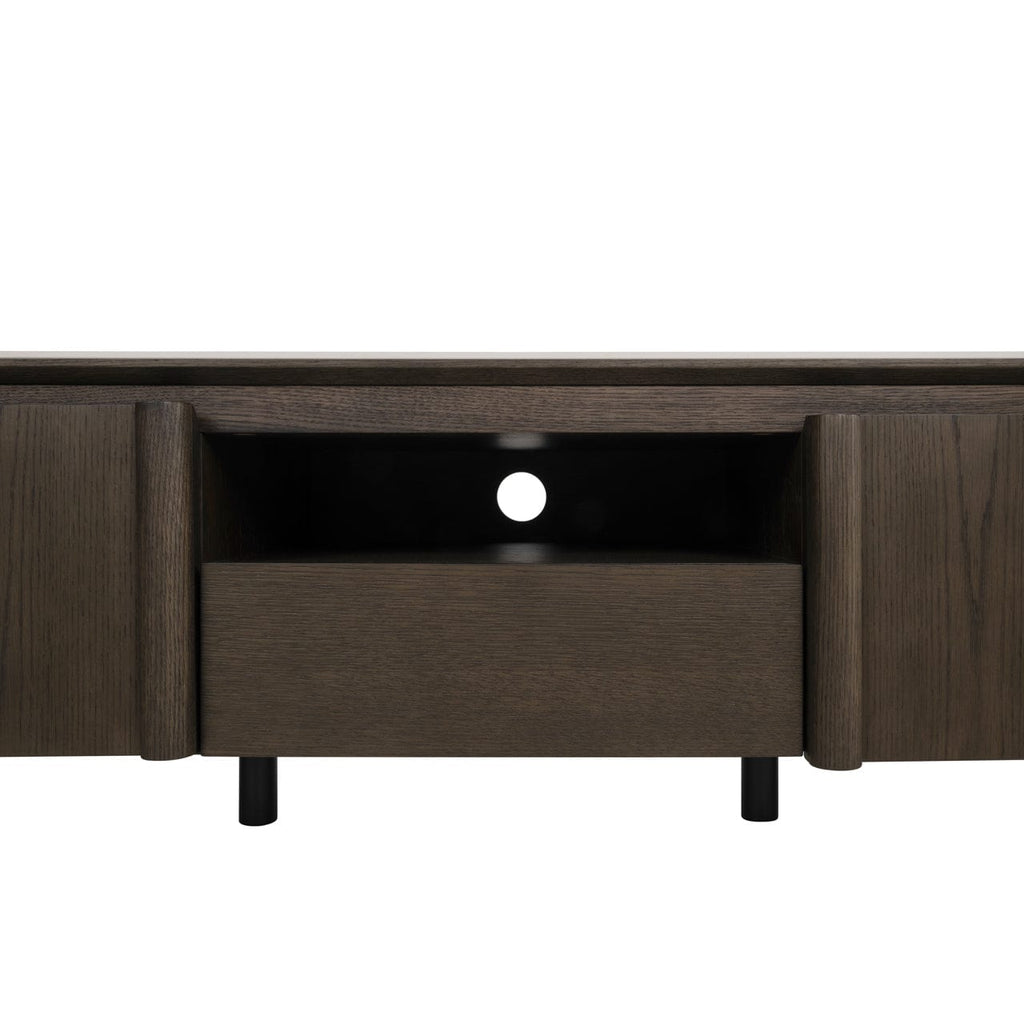 Meuble TV en placage chêne foncé avec plateau en céramique brillante