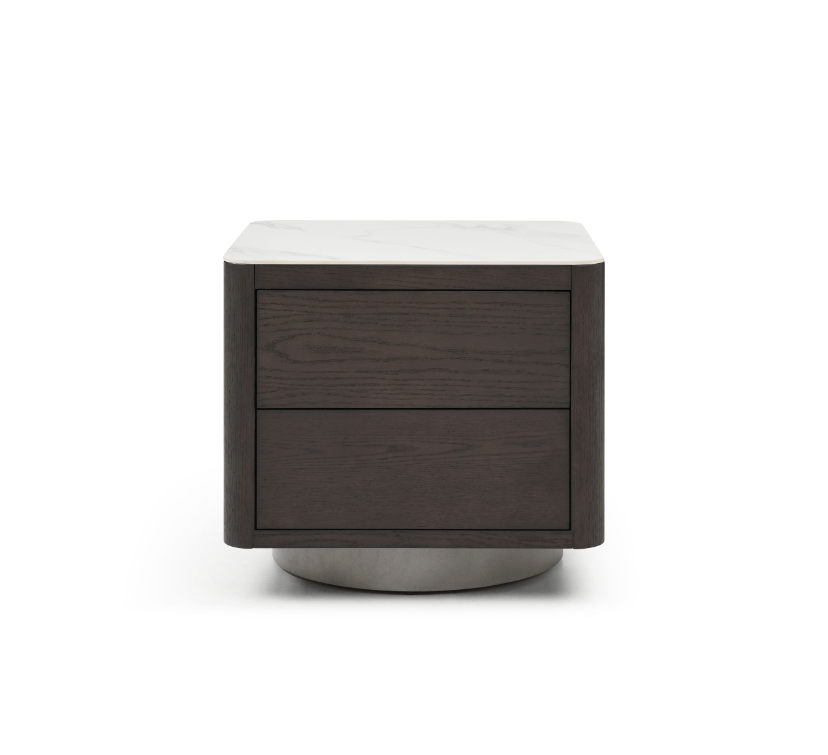 Table de chevet en chêne fumé et marbre avec base en métal