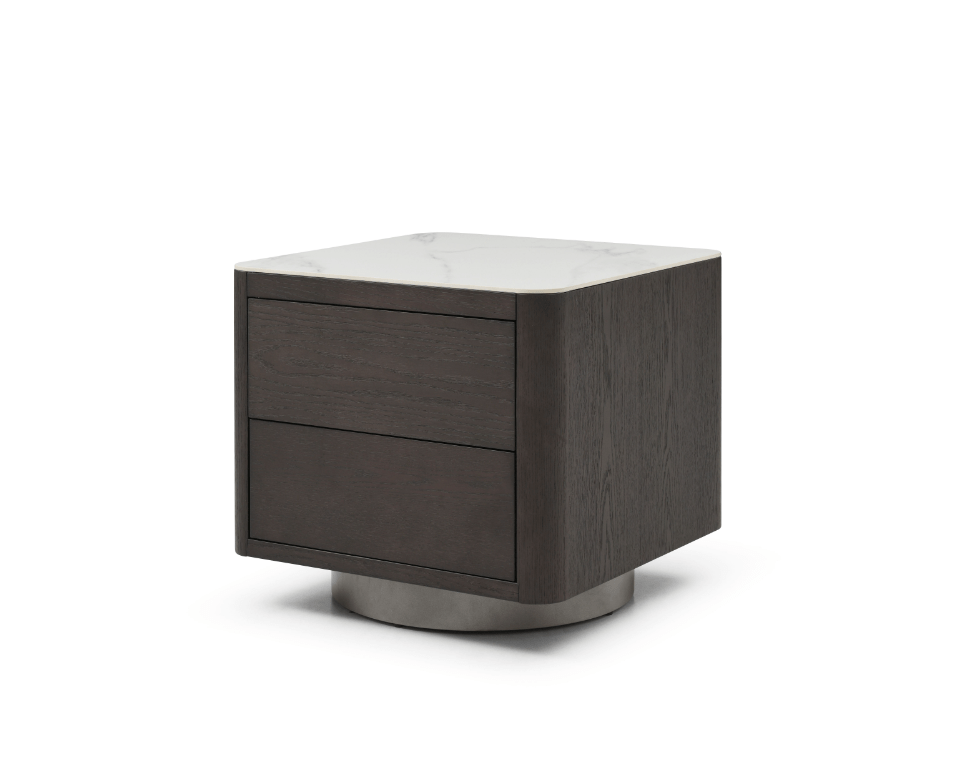 Table de chevet en chêne fumé et marbre avec base en métal