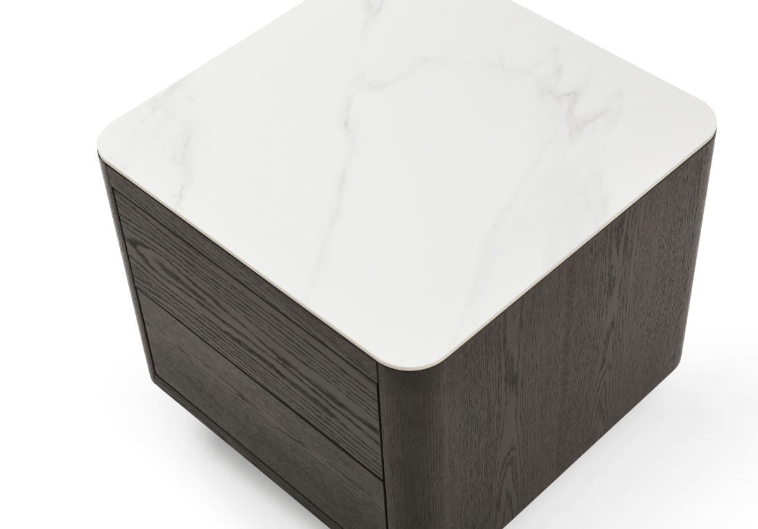 Table de chevet en chêne fumé et marbre avec base en métal