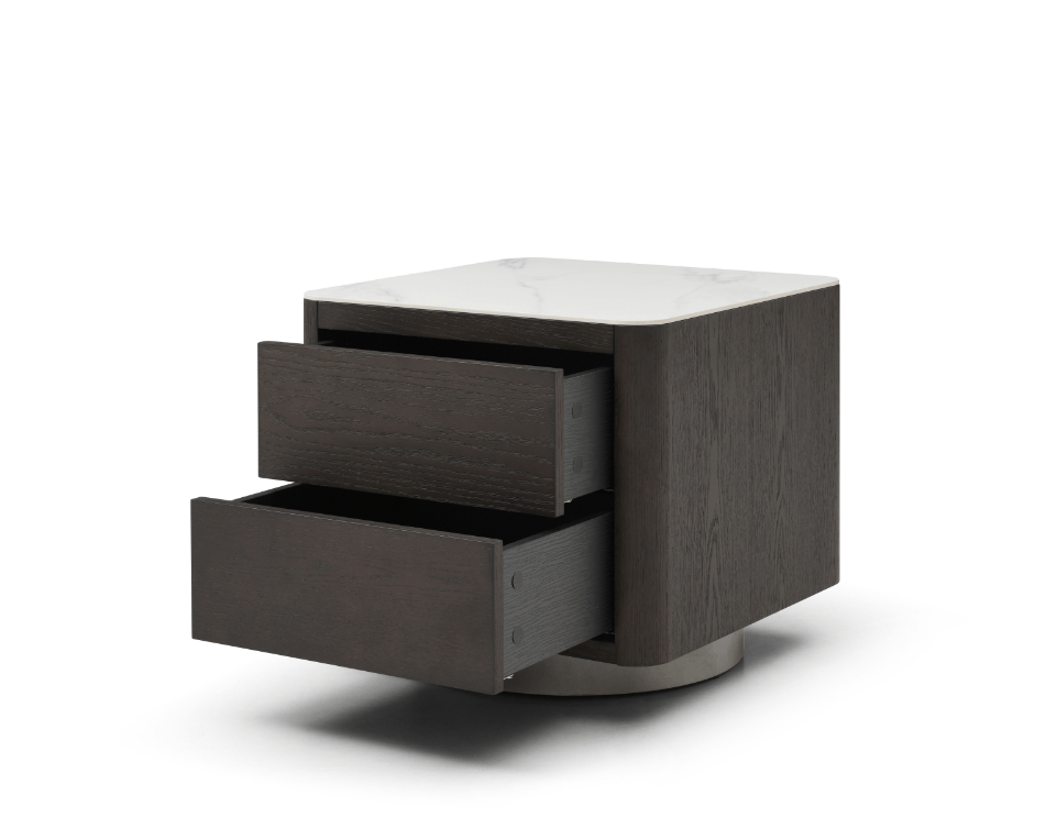 Table de chevet en chêne fumé et marbre avec base en métal
