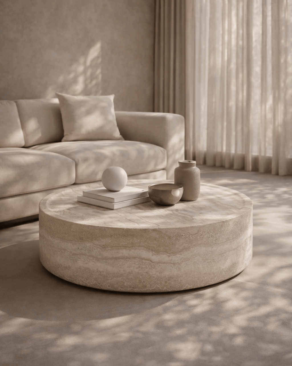 Grande table basse ronde en faux travertin